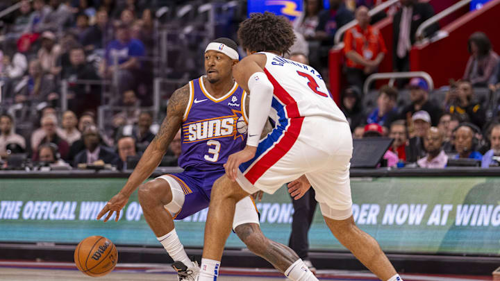 Oct 8, 2023; Detroit, Michigan, USA; Detroit Pistons guard Cade Cunningham (2) defends against Phoenix Suns guard Bradley Beal (3) during the first half of a pre-season game at Little Caesars Arena. Mandatory Credit: David Reginek-Imagn Images Oct 8, 2023; Detroit, Michigan, USA; Detroit Pistons guard Cade Cunningham (2) defends against Phoenix Suns guard Bradley Beal (3) during the first half of a pre-season game at Little Caesars Arena. Mandatory Credit: David Reginek-Imagn Images