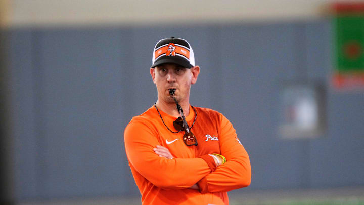 New Head Coach Eric Morris at the first practice of spring football at Oklahoma State University (OSU) in Stillwater, Monday, March 9, 2026.