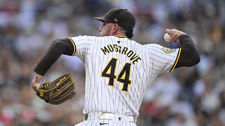 Oct 2, 2024; San Diego, California, USA; San Diego Padres pitcher Joe Musgrove (44) throws during the first inning of game two in the Wildcard round for the 2024 MLB Playoffs against the Atlanta Braves at Petco Park. 