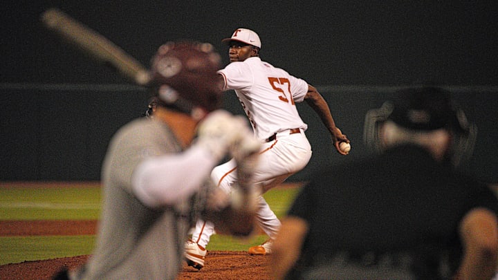 June 1, 2024; College Station, TX, USA; Texas Longhorns pitcher Lebarron Johnson Jr (57) throws against Texas A&M Aggies utility Gavin Grahovac (9) during the second round in the NCAA baseball College Station Regional at Olsen Field College Station.