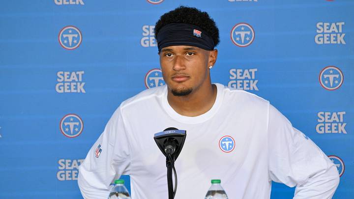 Jun 16, 2026; Nashville, TN, USA;  Tennessee Titans cornerback Alontae Taylor (24) talks with the media post practice during day 1 of mini-camp at Vanderbilt Health Football Center. Mandatory Credit: Steve Roberts-Imagn Images