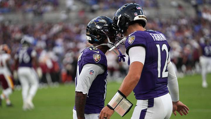 Aug 28, 2026; Baltimore, Maryland, USA; Baltimore Ravens quarterback Joe Fagnano (12) greets wide receiver LaJohntay Wester (10) following his touchdown catch in the second quarter against the Washington Commanders at M&T Bank Stadium. Mandatory Credit: Mitch Stringer-Imagn Images Aug 28, 2026; Baltimore, Maryland, USA; Baltimore Ravens quarterback Joe Fagnano (12) greets wide receiver LaJohntay Wester (10) following his touchdown catch in the second quarter against the Washington Commanders at M&T Bank Stadium. Mandatory Credit: Mitch Stringer-Imagn Images