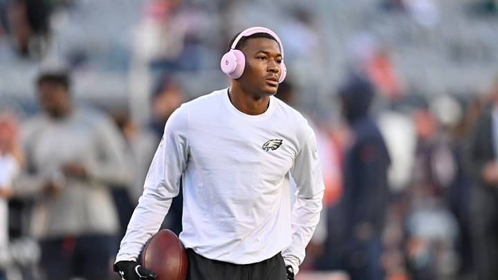 Sep 28, 2026; Chicago, Illinois, USA;  Philadelphia Eagles wide receiver DeVonta Smith (6) warms up before the game against the Chicago Bears at Soldier Field.  