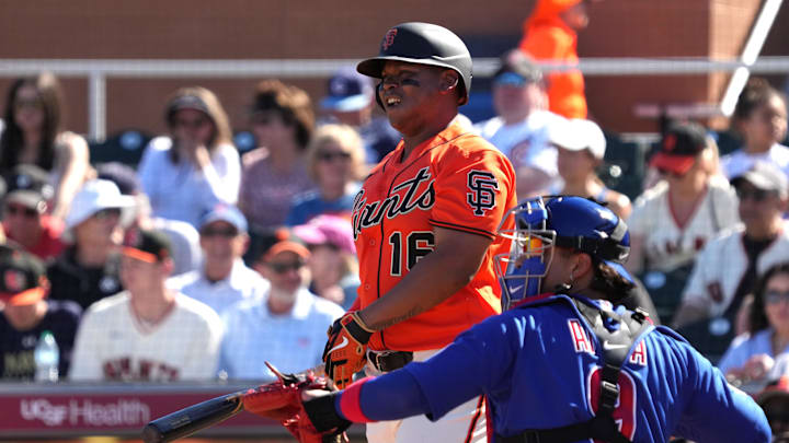 Feb 22, 2026; Scottsdale, Arizona, USA; San Francisco Giants designated hitter Rafael Devers (16) reacts after missing a pitch against the Chicago Cubs in the third inning at Scottsdale Stadium. Mandatory Credit: Rick Scuteri-Imagn Images Feb 22, 2026; Scottsdale, Arizona, USA; San Francisco Giants designated hitter Rafael Devers (16) reacts after missing a pitch against the Chicago Cubs in the third inning at Scottsdale Stadium. Mandatory Credit: Rick Scuteri-Imagn Images
