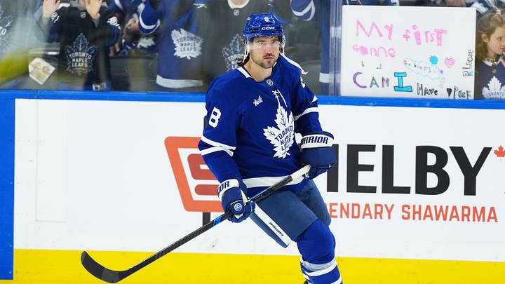 Oct 18, 2025; Toronto, Ontario, CAN; Toronto Maple Leafs defenseman Chris Tanev (8) skates during the warmup before a game against the Seattle Kraken at Scotiabank Arena. Mandatory Credit: Nick Turchiaro-Imagn Images