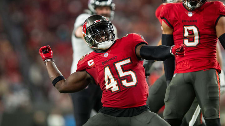 Dec 24, 2023; Tampa, Florida, USA; Tampa Bay Buccaneers linebacker Devin White (45) celebrates a sack against the Jacksonville Jaguars at Raymond James Stadium: Jeremy Reper-USA TODAY Sports