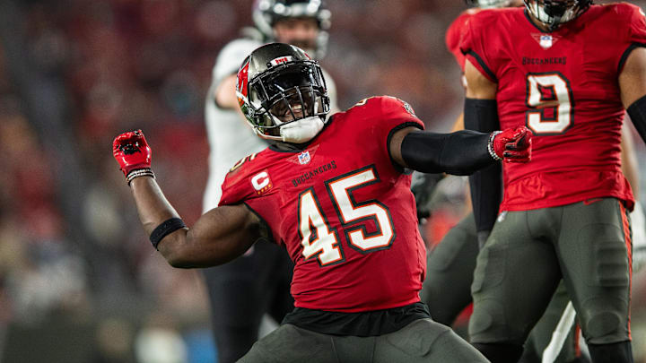 Dec 24, 2023; Tampa, Florida, USA; Tampa Bay Buccaneers linebacker Devin White (45) celebrates a