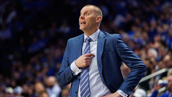 Dec 23, 2025; Lexington, Kentucky, USA; Kentucky Wildcats head coach Mark Pope calls out a play during the second half against the Bellarmine Knights at Rupp Arena at Central Bank Center. Mandatory Credit: Jordan Prather-Imagn Images