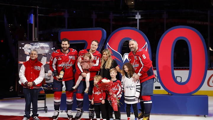 John Carlson, Alex Ovechkin, Tom Wilson, Ted Leonsis, Washington Capitals Mandatory Credit: Amber Searls-Imagn Images