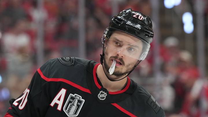 Jun 4, 2026; Raleigh, North Carolina, USA; Carolina Hurricanes center Sebastian Aho (20) skates prior to the start of the second period against the Vegas Golden Knights in game two of the 2026 Stanley Cup Final at Lenovo Center. Mandatory Credit: James Guillory-Imagn Images Jun 4, 2026; Raleigh, North Carolina, USA; Carolina Hurricanes center Sebastian Aho (20) skates prior to the start of the second period against the Vegas Golden Knights in game two of the 2026 Stanley Cup Final at Lenovo Center. Mandatory Credit: James Guillory-Imagn Images