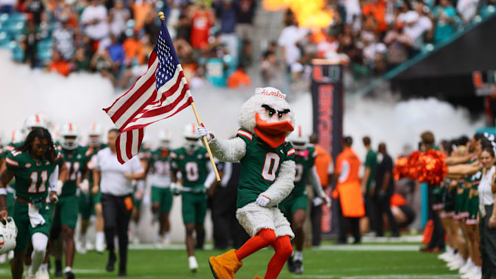 Nov 2, 2024; Miami Gardens, Florida, USA; Miami Hurricanes mascot Sebastian the Ibis leads the team onto the field before the game against the Duke Blue Devils at Hard Rock Stadium. Mandatory Credit: Sam Navarro-Imagn Images Nov 2, 2024; Miami Gardens, Florida, USA; Miami Hurricanes mascot Sebastian the Ibis leads the team onto the field before the game against the Duke Blue Devils at Hard Rock Stadium. Mandatory Credit: Sam Navarro-Imagn Images