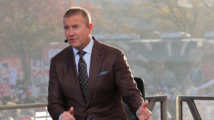 Analyst Kirk Herbstreit speaks during the ESPN College GameDay live broadcast on the Texas Tech University campus in Lubbock, Texas.