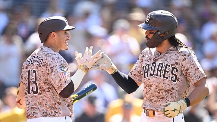Aug 23, 2026; San Diego, California, USA; San Diego Padres right fielder Fernando Tatis Jr. (23) is congratulated by third baseman Manny Machado (13) after hitting a solo home run during the eighth inning against the Minnesota Twins at Petco Park. Mandatory Credit: Denis Poroy-Imagn Images Aug 23, 2026; San Diego, California, USA; San Diego Padres right fielder Fernando Tatis Jr. (23) is congratulated by third baseman Manny Machado (13) after hitting a solo home run during the eighth inning against the Minnesota Twins at Petco Park. Mandatory Credit: Denis Poroy-Imagn Images