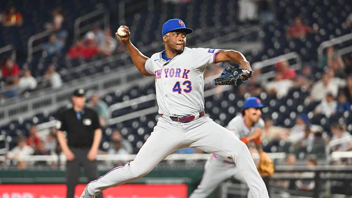May 18, 2026; Washington, District of Columbia, USA; New York Mets pitcher Huascar Brazobán (43) throws to the Washington Nationals during the tenth inning at Nationals Park. Mandatory Credit: Brad Mills-Imagn Images
