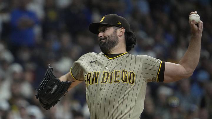 Milwaukee, Wisconsin, USA;  San Diego Padres pitcher Robbie Ray (38) pitches against the Milwaukee Brewers during the first inning at American Family Field.  Mandatory Credit: Michael McLoone-Imagn Images