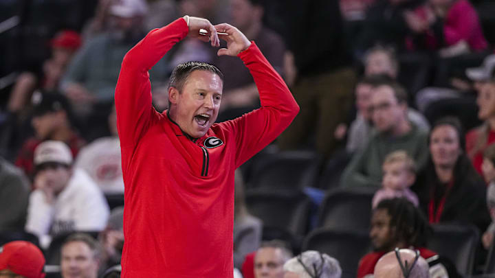 Nov 10, 2024; Athens, Georgia, USA; Georgia Bulldogs head coach Mike White reacting on the bench during the game against the Texas Southern Tigers at Stegeman Coliseum. Mandatory Credit: Dale Zanine-Imagn Images