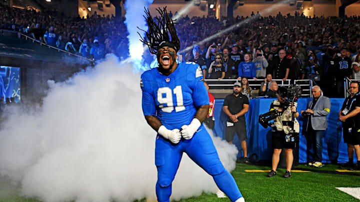 Sep 28, 2025; Detroit, Michigan, USA; Detroit Lions defensive tackle Tyleik Williams (91) reacts before the game against the Cleveland Browns at Ford Field. Mandatory Credit: Lon Horwedel-Imagn Images
