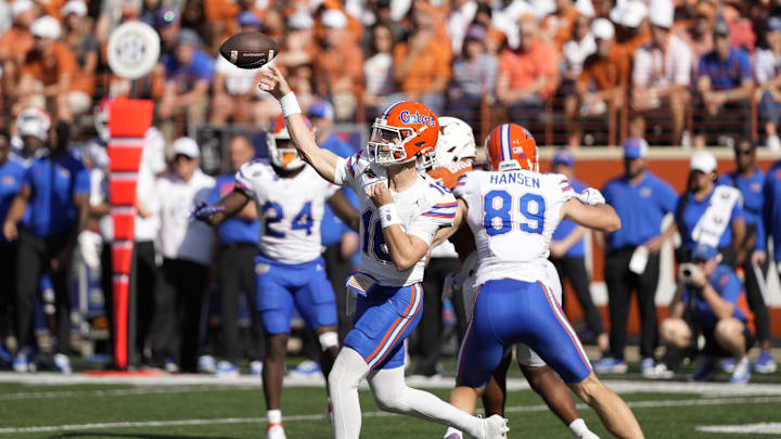 Nov 9, 2024; Austin, Texas, USA; Florida Gators quarterback Aidan Warner (16) passes the ball during the second half against the Texas Longhorns at Darrell K Royal-Texas Memorial Stadium. Mandatory Credit: Scott Wachter-Imagn Images