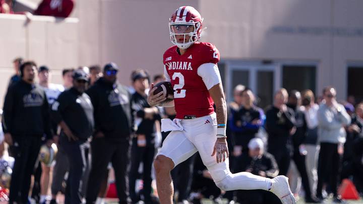 Oct 26, 2024; Bloomington, Indiana, USA; Indiana Hoosiers quarterback Tayven Jackson (2) runs the ball during the fourth quarter against the Washington Huskies at Memorial Stadium. Mandatory Credit: Jacob Musselman-Imagn Images