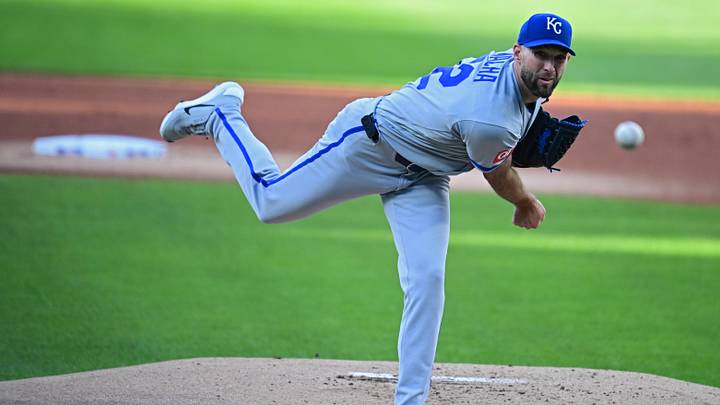 Apr 6, 2026; Cleveland, Ohio, USA; Kansas City Royals starting pitcher Michael Wacha (52) delivers during the first inning against the Cleveland Guardians at Progressive Field. Mandatory Credit: David Dermer-Imagn Images