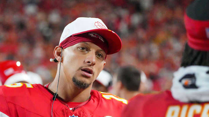 Aug 22, 2025; Kansas City, Missouri, USA; Kansas City Chiefs quarterback Patrick Mahomes (15) on the sidelines against the Chicago Bears during the first half of the game at GEHA Field at Arrowhead Stadium. Mandatory Credit: Denny Medley-Imagn Images3