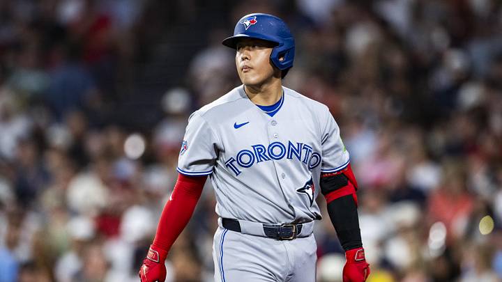 Toronto Blue Jays third baseman Kazuma Okamoto looks on. Toronto Blue Jays third baseman Kazuma Okamoto looks on.