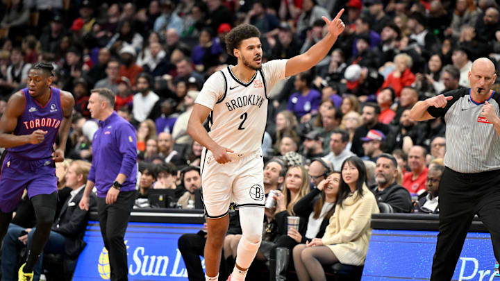 Dec 19, 2024; Toronto, Ontario, CAN;  Brooklyn Nets forward Cam Johnson (2) reacts after making a three point basket against the Toronto Raptors in the second half at Scotiabank Arena. Mandatory Credit: Dan Hamilton-Imagn Images