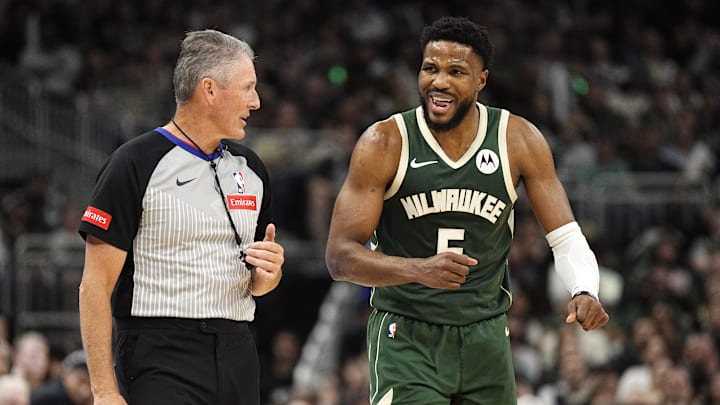 Apr 30, 2024; Milwaukee, Wisconsin, USA; Milwaukee Bucks guard Malik Beasley (5) talks with referee Scott Foster (48) during the third quarter against the Indiana Pacers during game five of the first round for the 2024 NBA playoffs at Fiserv Forum. Mandatory Credit: Jeff Hanisch-Imagn Images Apr 30, 2024; Milwaukee, Wisconsin, USA; Milwaukee Bucks guard Malik Beasley (5) talks with referee Scott Foster (48) during the third quarter against the Indiana Pacers during game five of the first round for the 2024 NBA playoffs at Fiserv Forum. Mandatory Credit: Jeff Hanisch-Imagn Images