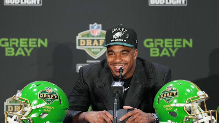 Apr 24, 2025; Green Bay, WI, USA; Jihaad Campbell speaks in a press conference after being selected by the Philadelphia Eagles as the number 31 pick in the first round of the 2025 NFL Draft at Lambeau Field. 