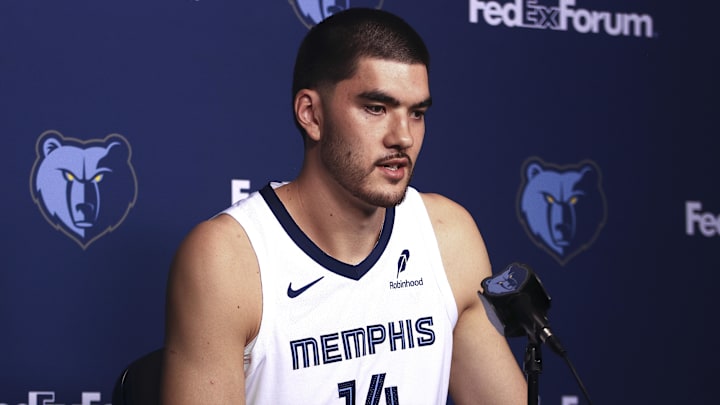 Sep 29, 2025; Memphis, TN, USA; Memphis Grizzlies center Zach Edey speaks to media during a press conference on media day at FedEx Forum.  Mandatory Credit: Petre Thomas-Imagn Images Mandatory Credit: Petre Thomas-Imagn Images