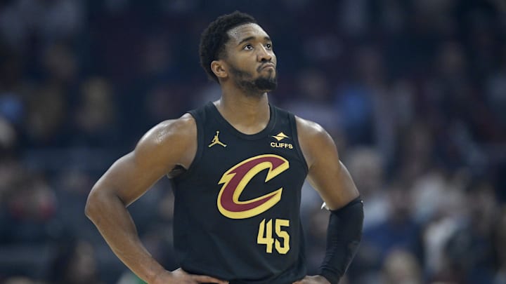 Dec 14, 2025; Cleveland, Ohio, USA; Cleveland Cavaliers guard Donovan Mitchell (45) stands on the court in the first quarter against the Charlotte Hornets at Rocket Arena. Mandatory Credit: David Richard-Imagn Images
