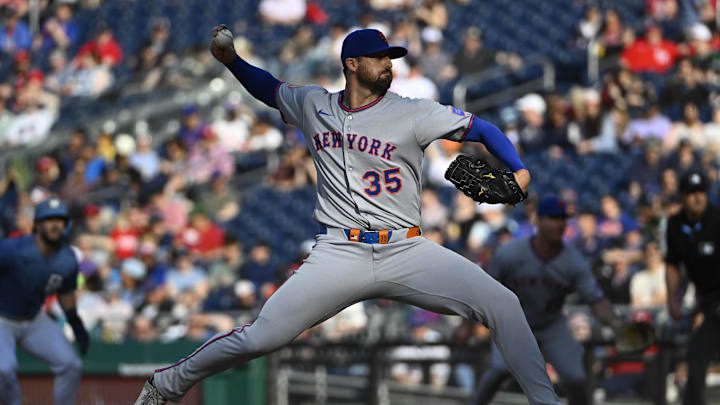 New York Mets starting pitcher Clay Holmes (35) throws to the Washington Nationals during the second inning at Nationals Park on April 26. New York Mets starting pitcher Clay Holmes (35) throws to the Washington Nationals during the second inning at Nationals Park on April 26.
