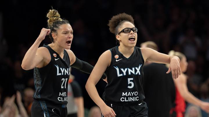 Jun 15, 2026; Minneapolis, Minnesota, USA; Minnesota Lynx guard Olivia Miles (5) celebrates with guard Kayla McBride (21) after making a shot against the Portland Fire in the second half at Target Center. Mandatory Credit: Jesse Johnson-Imagn Images Jun 15, 2026; Minneapolis, Minnesota, USA; Minnesota Lynx guard Olivia Miles (5) celebrates with guard Kayla McBride (21) after making a shot against the Portland Fire in the second half at Target Center. Mandatory Credit: Jesse Johnson-Imagn Images