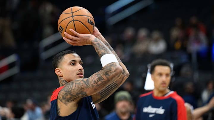 Nov 27, 2024; Washington, District of Columbia, USA; Washington Wizards forward Kyle Kuzma (33) warms up before the game between the Washington Wizards and the LA Clippers at Capital One Arena. Mandatory Credit: Reggie Hildred-Imagn Images
