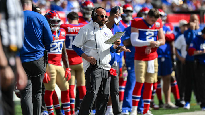 Sep 8, 2024; East Rutherford, New Jersey, USA; New York Giants head coach Brian Dabol looks on during the second half against the Minnesota Vikings at MetLife Stadium. Mandatory Credit: John Jones-Imagn Images