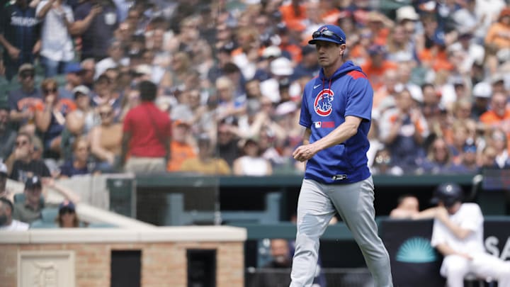 Jun 8, 2025; Detroit, Michigan, USA;  Chicago Cubs manager Craig Counsell (11) walks off the field after he is ejected in the fifth inning against the Detroit Tigers at Comerica Park. 