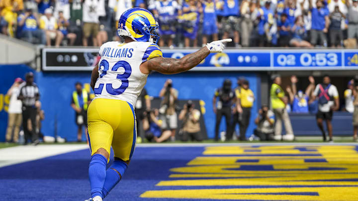 Sep 7, 2025; Inglewood, California, USA; Los Angeles Rams running back Kyren Williams (23) celebrates after scoring a touchtown during the second quarter at SoFi Stadium. Mandatory Credit: Kirby Lee-Imagn Images Sep 7, 2025; Inglewood, California, USA; Los Angeles Rams running back Kyren Williams (23) celebrates after scoring a touchtown during the second quarter at SoFi Stadium. Mandatory Credit: Kirby Lee-Imagn Images