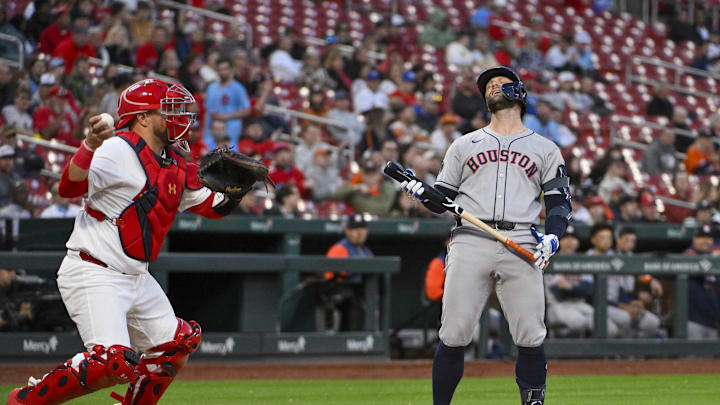 Apr 15, 2025; St. Louis, Missouri, USA;  Houston Astros first baseman Christian Walker (8) reacts after he was called out on strikes to end the third inning against the St. Louis Cardinals at Busch Stadium. Mandatory Credit: Jeff Curry-Imagn Images