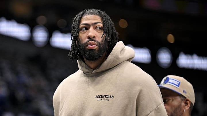 Mar 21, 2025; Dallas, Texas, USA; Dallas Mavericks forward Anthony Davis (3) watches team warm ups before the game between the Dallas Mavericks and the Detroit Pistons at the American Airlines Center. Mandatory Credit: Jerome Miron-Imagn Images