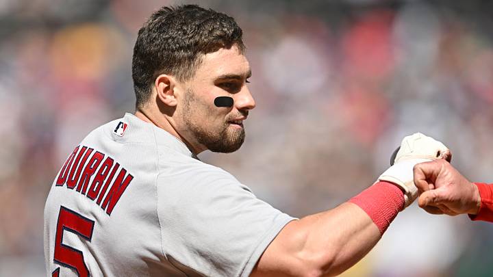 May 31, 2026; Cleveland, Ohio, USA; Boston Red Sox third baseman Caleb Durbin (5) celebrates after hitting an RBI triple during the seventh inning against the Cleveland Guardians at Progressive Field. Mandatory Credit: Ken Blaze-Imagn Images