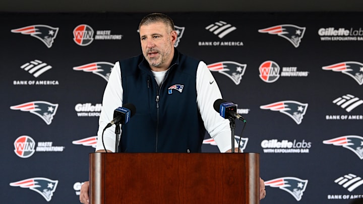 Mar 13, 2025; Foxborough, MA, USA; New England Patriots head coach Mike Vrabel discusses the team's recent free agent additions with the media at Gillette Stadium. Mandatory Credit: Eric Canha-Imagn Images