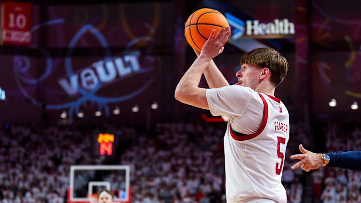 Nebraska forward Braden Frager shoots a three-pointer against Illinois during the first half at Pinnacle Bank Arena.