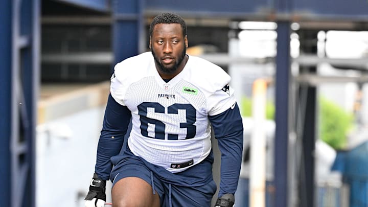 Jun 9, 2025; Foxborough, MA, USA; New England Patriots guard Mehki Butler (63) walks to the practice fields at Gillette Stadium. Mandatory Credit: Eric Canha-Imagn Images