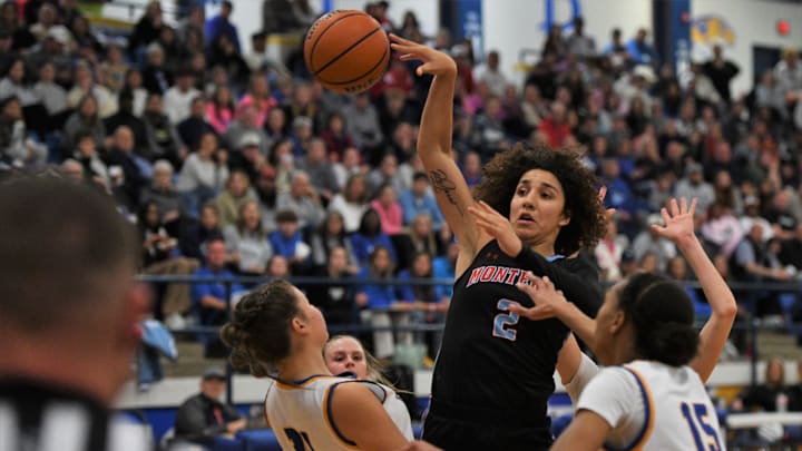 Monterey's Aaliyah Chavez passes the ball against Frenship in a Caprock Classic big-school girls championship basketball game Saturday, Dec. 28, 2024, at the Tiger Pit in Wolfforth.
