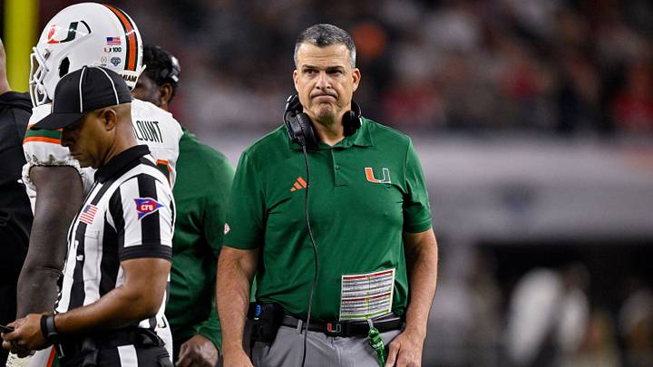 Dec 31, 2025; Arlington, TX, USA; Miami Hurricanes head coach Mario Cristobal looks on during the 2025 Cotton Bowl and quarterfinal game of the College Football Playoff at AT&T Stadium. Mandatory Credit: Jerome Miron-Imagn Images
