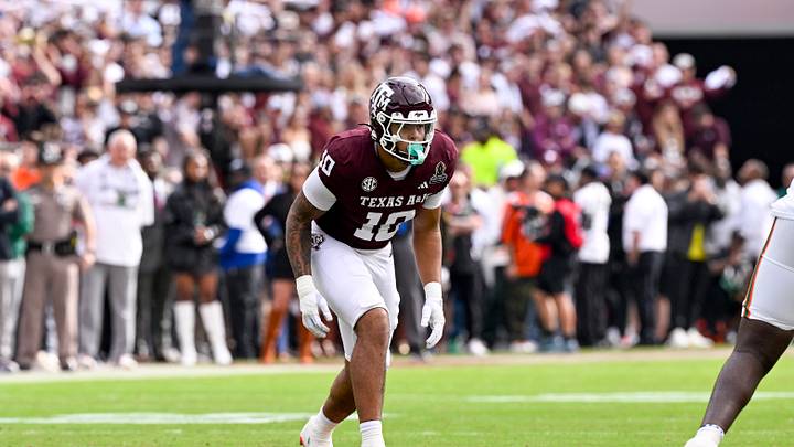 Dec 20, 2025; College Station, TX, USA; Texas A&M Aggies defensive end Marco Jones (10) lines up during the game between the Aggies and the Hurricanes at Kyle Field. Mandatory Credit: Jerome Miron-Imagn Images Dec 20, 2025; College Station, TX, USA; Texas A&M Aggies defensive end Marco Jones (10) lines up during the game between the Aggies and the Hurricanes at Kyle Field. Mandatory Credit: Jerome Miron-Imagn Images