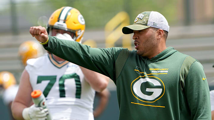 May 31, 2022; Green Bay, WI, USA; Green Bay Packers assistant offensive line coach Ryan Mahaffey  during organized team activities (OTA) Tuesday, May 31, 2022 in Green Bay, Wis.  