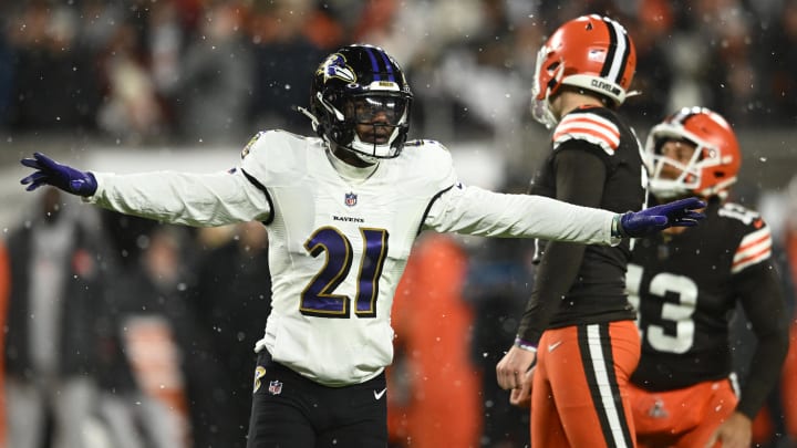 Dec 17, 2022; Cleveland, Ohio, USA; Baltimore Ravens cornerback Brandon Stephens (21) reacts after Cleveland Browns place kicker Cade York (3) missed a field goal during the second half at FirstEnergy Stadium. Mandatory Credit: Ken Blaze-USA TODAY Sports