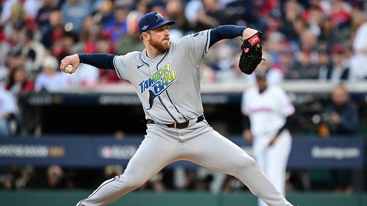 Oct 18, 2026; Cleveland, Ohio, USA; Tampa Bay Rays pitcher Drew Rasmussen (57) throws a pitch against the Cleveland Guardians in the second inning in game five of the ALCS for the 2026 MLB Playoffs at Progressive Field. Mandatory Credit: David Dermer-Imagn Images Oct 18, 2026; Cleveland, Ohio, USA; Tampa Bay Rays pitcher Drew Rasmussen (57) throws a pitch against the Cleveland Guardians in the second inning in game five of the ALCS for the 2026 MLB Playoffs at Progressive Field. Mandatory Credit: David Dermer-Imagn Images
