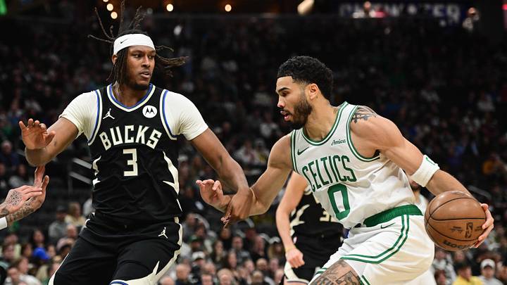Apr 3, 2026; Milwaukee, Wisconsin, USA; Boston Celtics forward Jayson Tatum (0) drives for the basket against Milwaukee Bucks center Myles Turner (3) in the first quarter at Fiserv Forum. Mandatory Credit: Benny Sieu-Imagn Images Apr 3, 2026; Milwaukee, Wisconsin, USA; Boston Celtics forward Jayson Tatum (0) drives for the basket against Milwaukee Bucks center Myles Turner (3) in the first quarter at Fiserv Forum. Mandatory Credit: Benny Sieu-Imagn Images